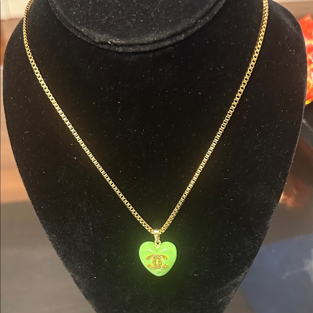 CC Gold Chain Necklace with Lime Green Heart Pendant(stamped) - Picture 7 of 8